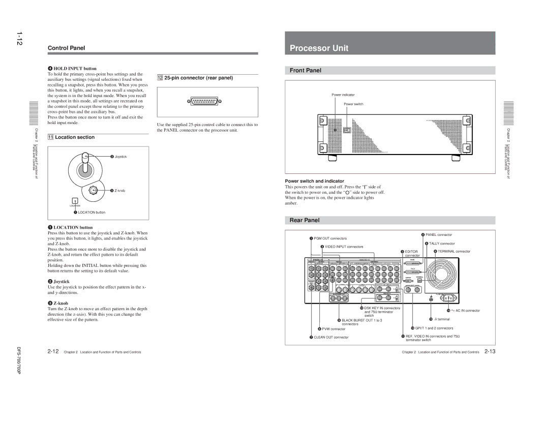 Sony DFS-700P, BKDF- 702, 702P Processor Unit, Front Panel, Rear Panel, Qa Location section, Qs 25-pin connector rear panel 