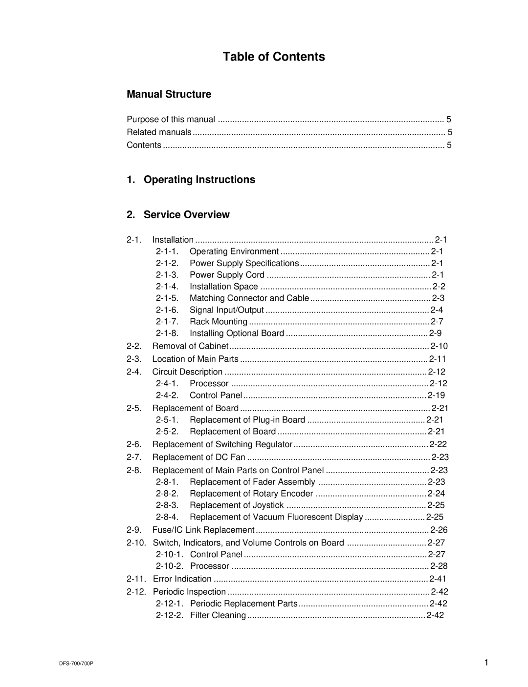 Sony BKDF- 702, DFS-700P, BKDF-712, BKDF-711, 702P service manual Table of Contents 