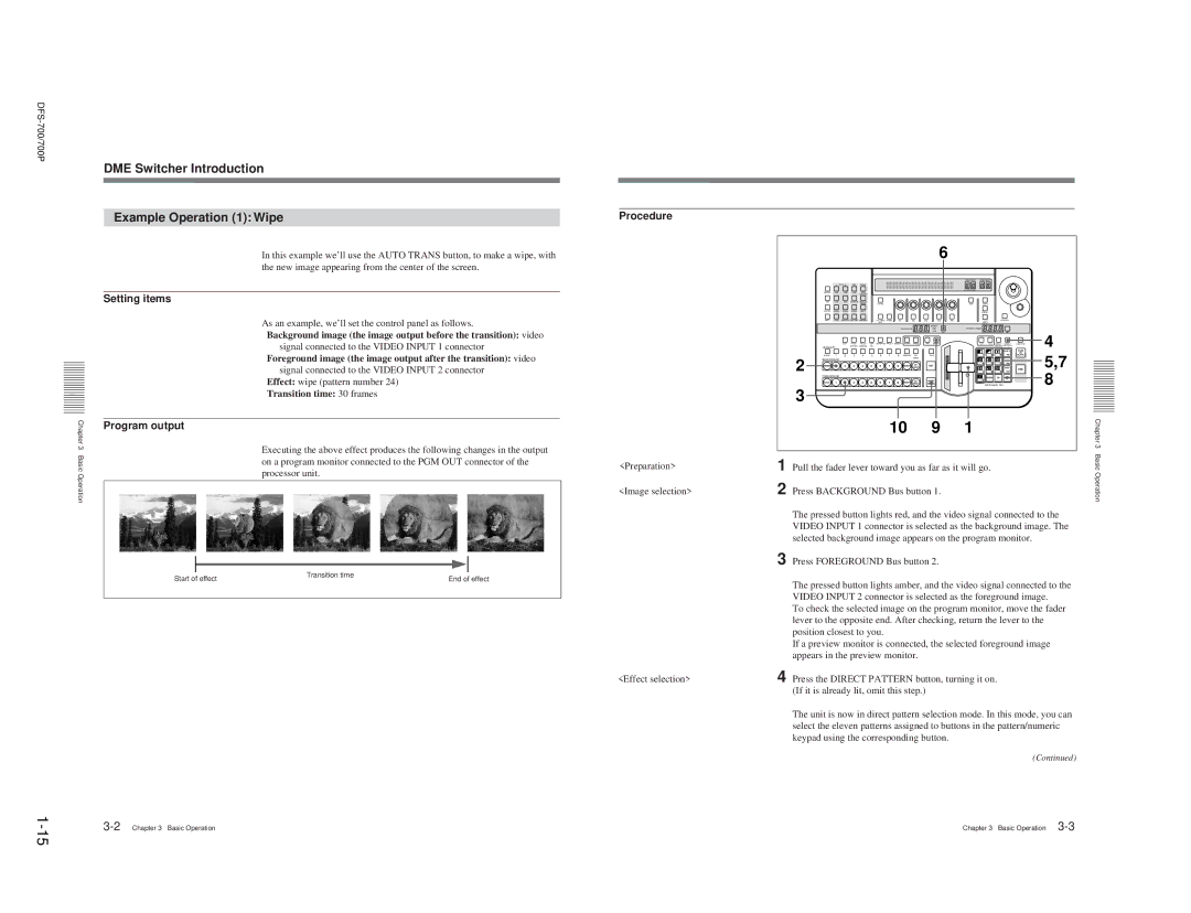 Sony BKDF-711, DFS-700, 702P DME Switcher Introduction Example Operation 1 Wipe, Setting items, Program output, Procedure 