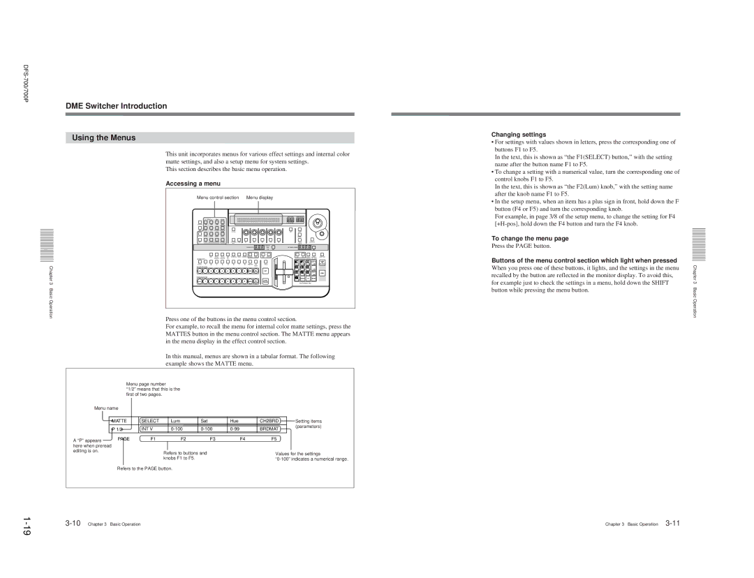 Sony BKDF- 702, DFS-700 DME Switcher Introduction Using the Menus, Accessing a menu, Changing settings, To change the menu 