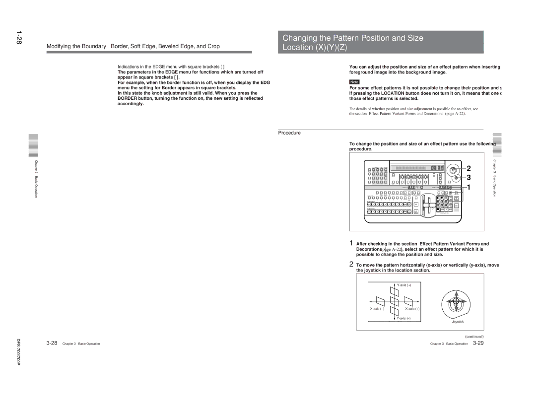 Sony 702P, DFS-700 Changing the Pattern Position and Size Location XYZ, Indications in the Edge menu with square brackets 