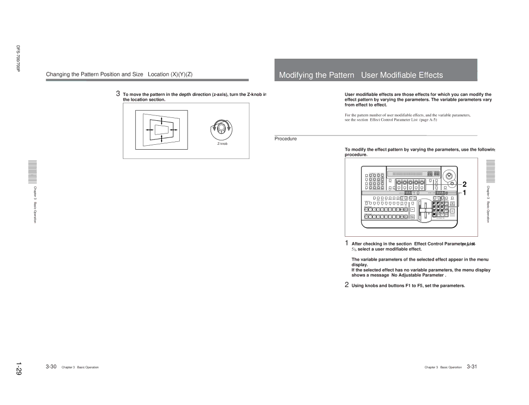 Sony DFS-700 Modifying the Pattern User Modifiable Effects, Changing the Pattern Position and Size Location XYZ, Procedure 