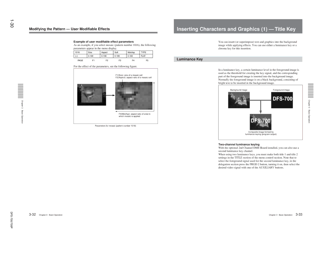 Sony DFS-700P Inserting Characters and Graphics 1 Title Key, Modifying the Pattern User Modifiable Effects, Luminance Key 