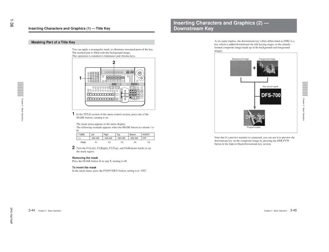 Sony DFS-700P, BKDF- 702, 702P Inserting Characters and Graphics 2 Downstream Key, Removing the mask, To invert the mask 