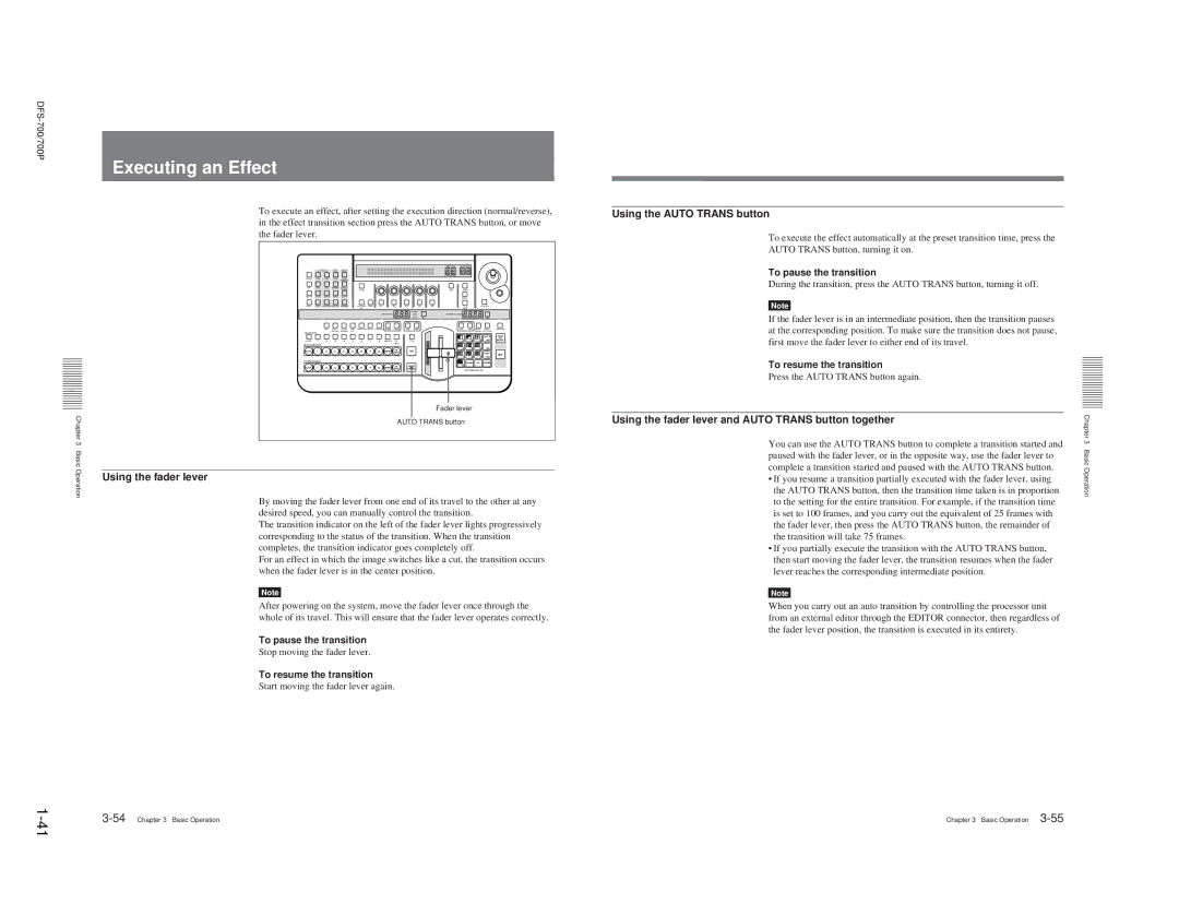 Sony DFS-700P, BKDF- 702, BKDF-712, BKDF-711, 702P Executing an Effect, Using the Auto Trans button, Using the fader lever 