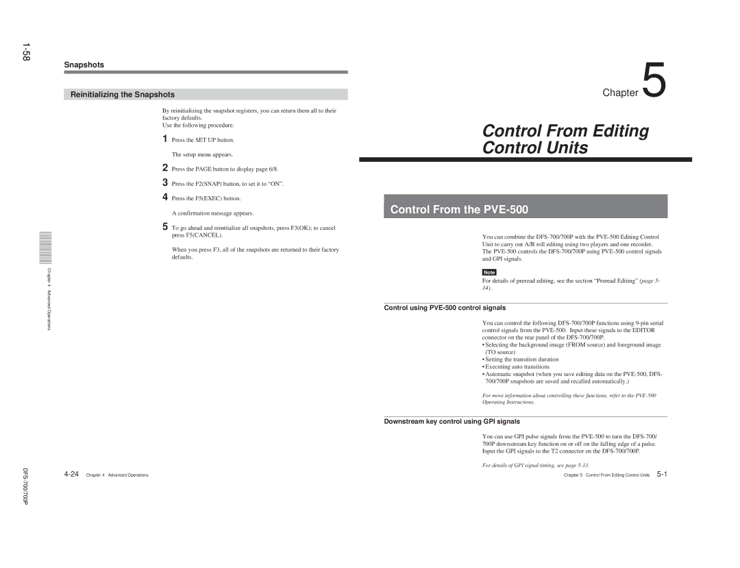 Sony 702P, DFS-700 Control From the PVE-500, Snapshots Reinitializing the Snapshots, Control using PVE-500 control signals 