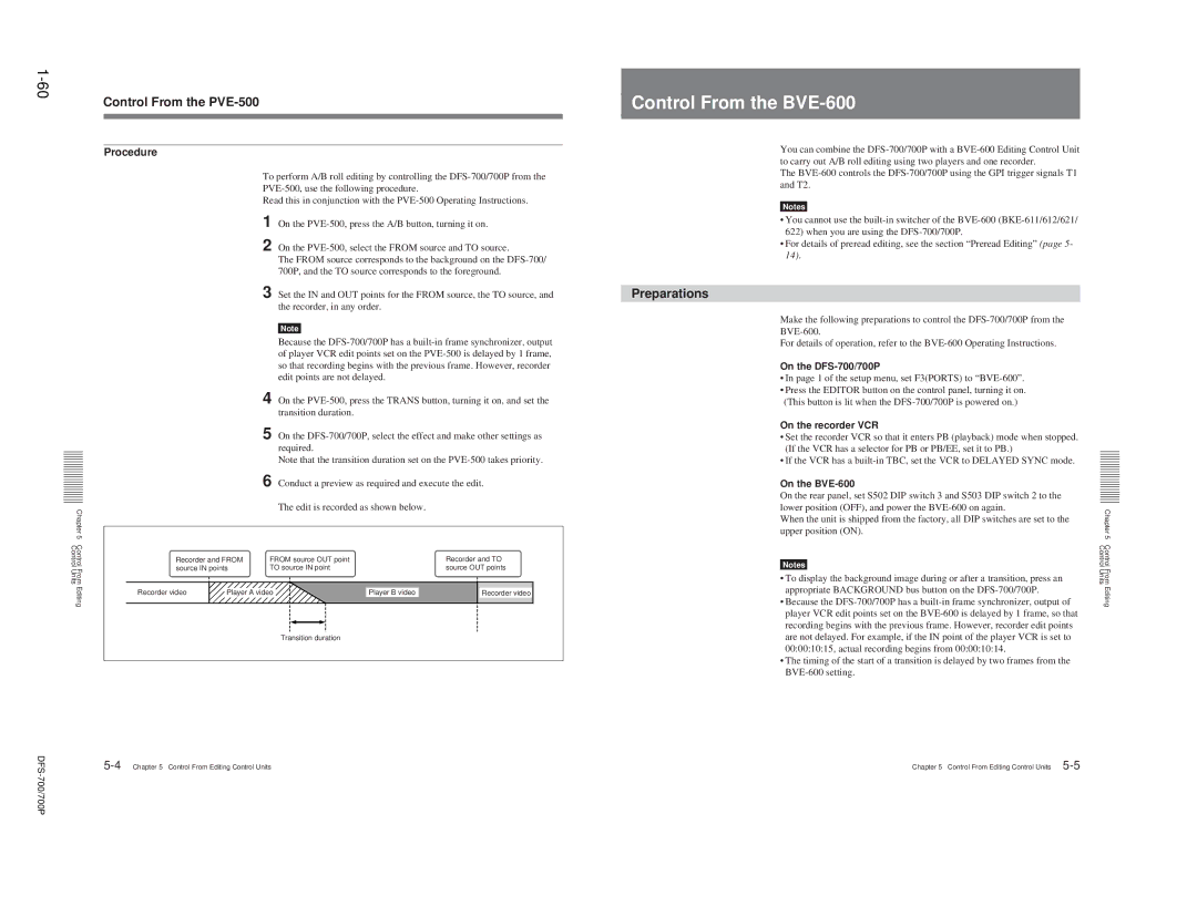 Sony DFS-700P, BKDF- 702, BKDF-712, BKDF-711, 702P Control From the BVE-600, Control From the PVE-500, On the BVE-600 