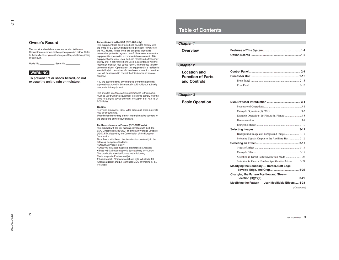 Sony BKDF-712, DFS-700P, BKDF- 702, BKDF-711, 702P service manual Table of Contents 