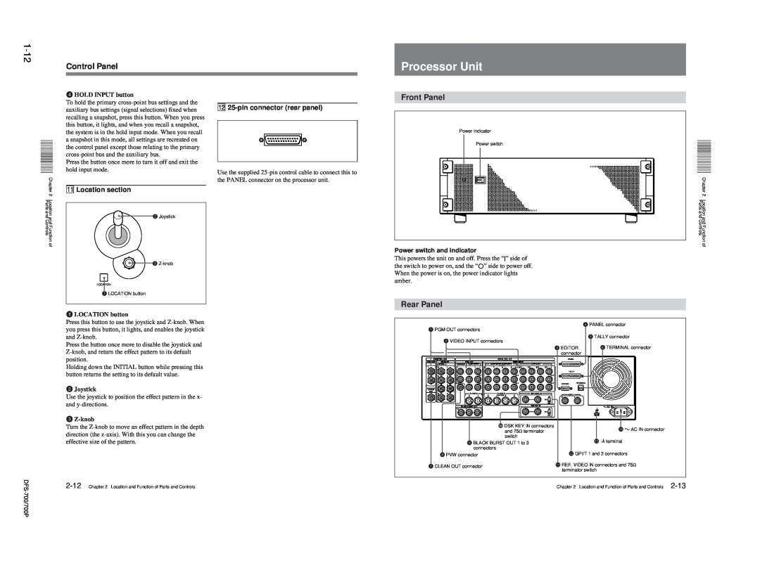 Sony DFS-700P, BKDF- 702 Processor Unit, 1-12, Control Panel, Front Panel, Rear Panel, qa Location section, 2-12, 2-13 