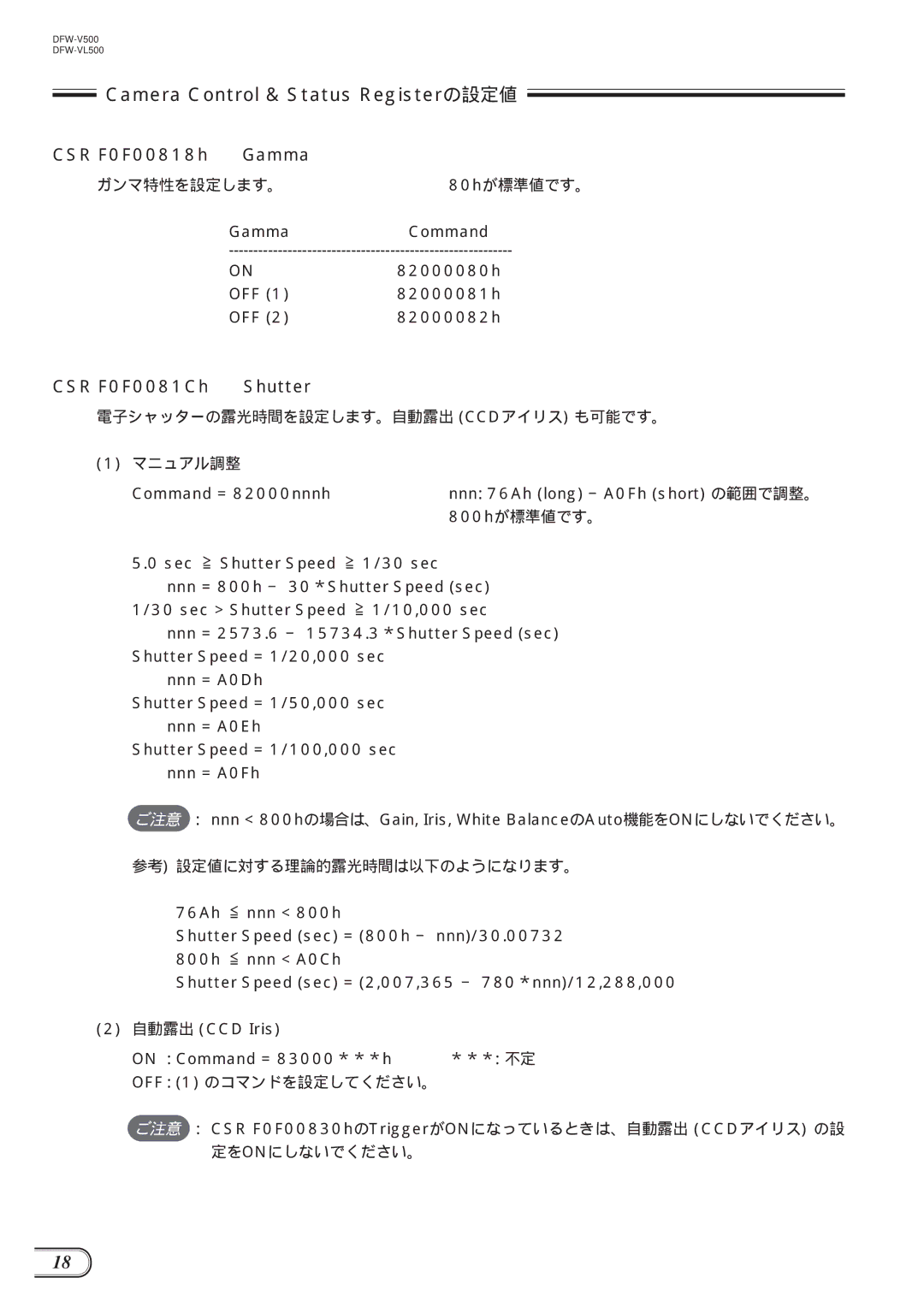 Sony DFW-VL500, DFW-V500 manual CSR F0F00818h Gamma, CSR F0F0081Ch Shutter 