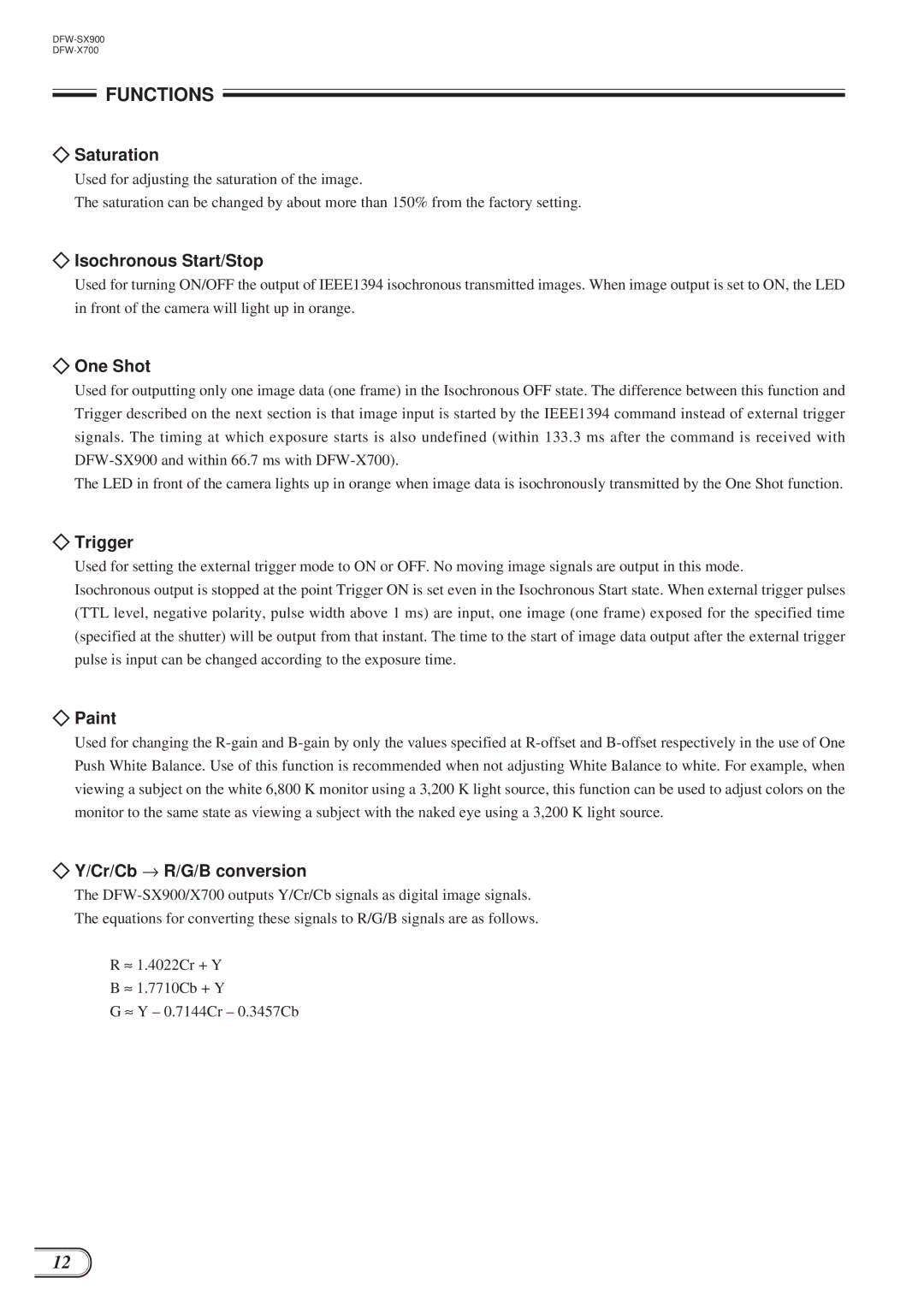 Sony DFW-X700, DFW-SX900 Saturation, Isochronous Start/Stop, One Shot, Trigger, Paint, Cr/Cb → R/G/B conversion 