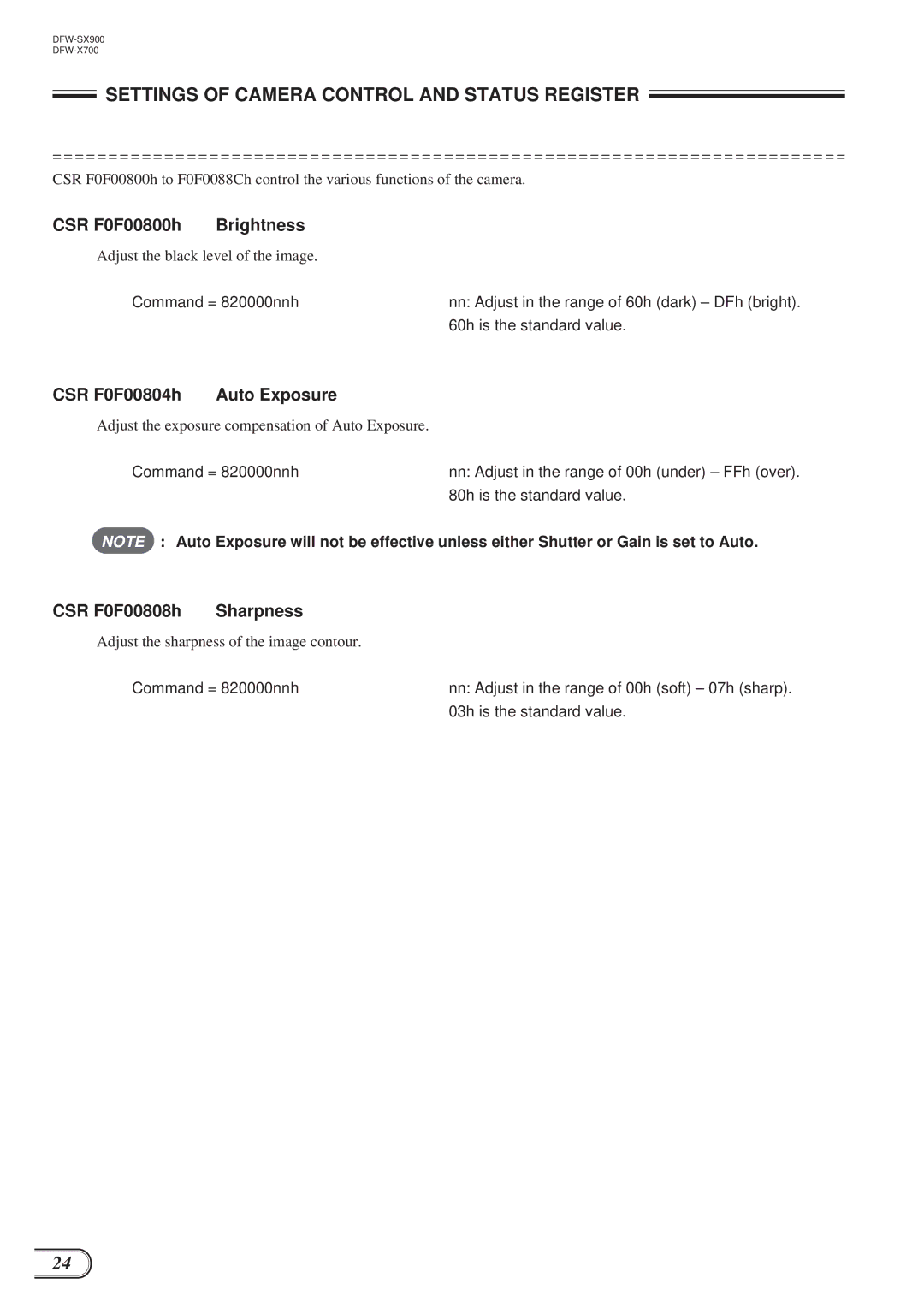 Sony DFW-X700, DFW-SX900 technical manual CSR F0F00800h Brightness, CSR F0F00804h Auto Exposure, CSR F0F00808h Sharpness 