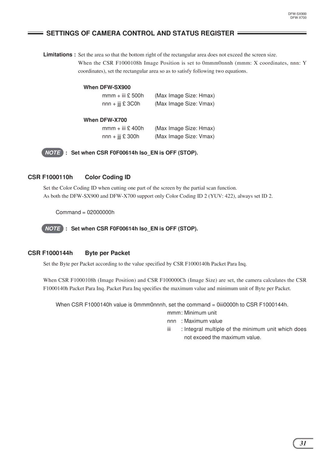 Sony DFW-SX900, DFW-X700 technical manual CSR F1000110h Color Coding ID, CSR F1000144h Byte per Packet 