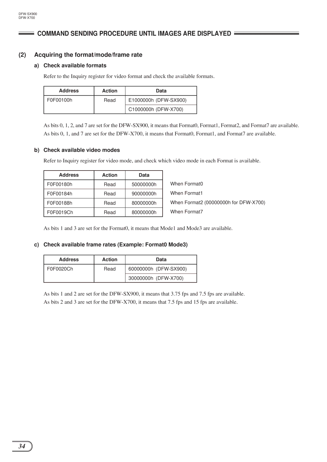 Sony DFW-X700, DFW-SX900 Acquiring the format/mode/frame rate, Check available formats, Check available video modes 