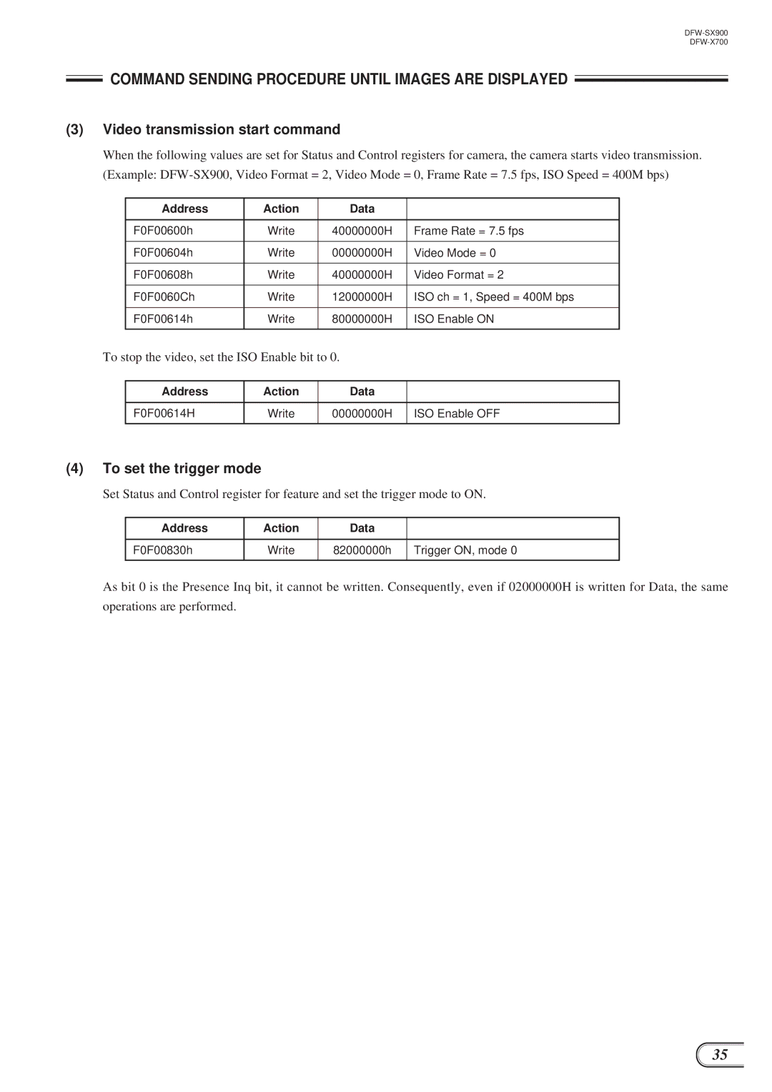 Sony DFW-SX900, DFW-X700 technical manual Video transmission start command, To set the trigger mode 