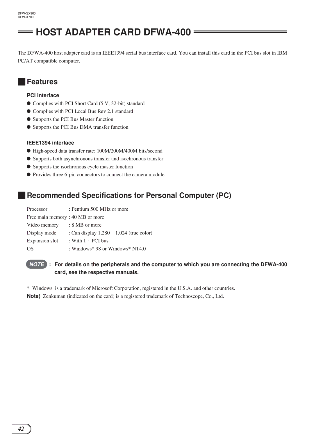 Sony DFW-X700, DFW-SX900 Host Adapter Card DFWA-400, Features, Recommended Specifications for Personal Computer PC 