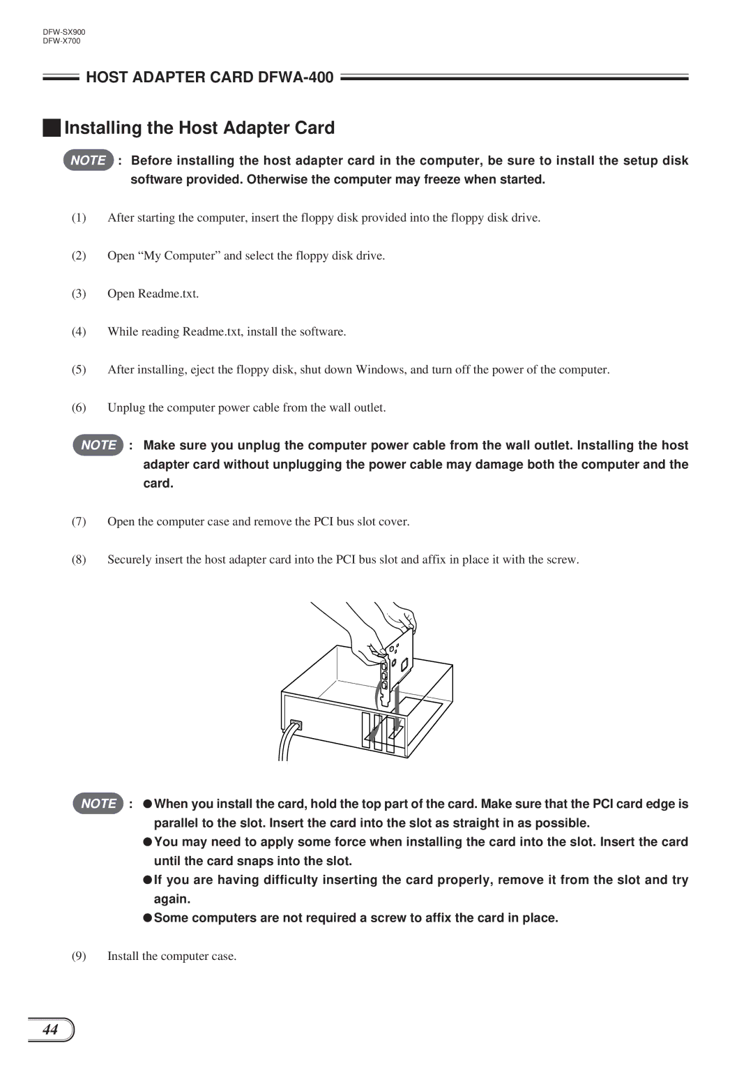 Sony DFW-X700, DFW-SX900 technical manual Installing the Host Adapter Card 