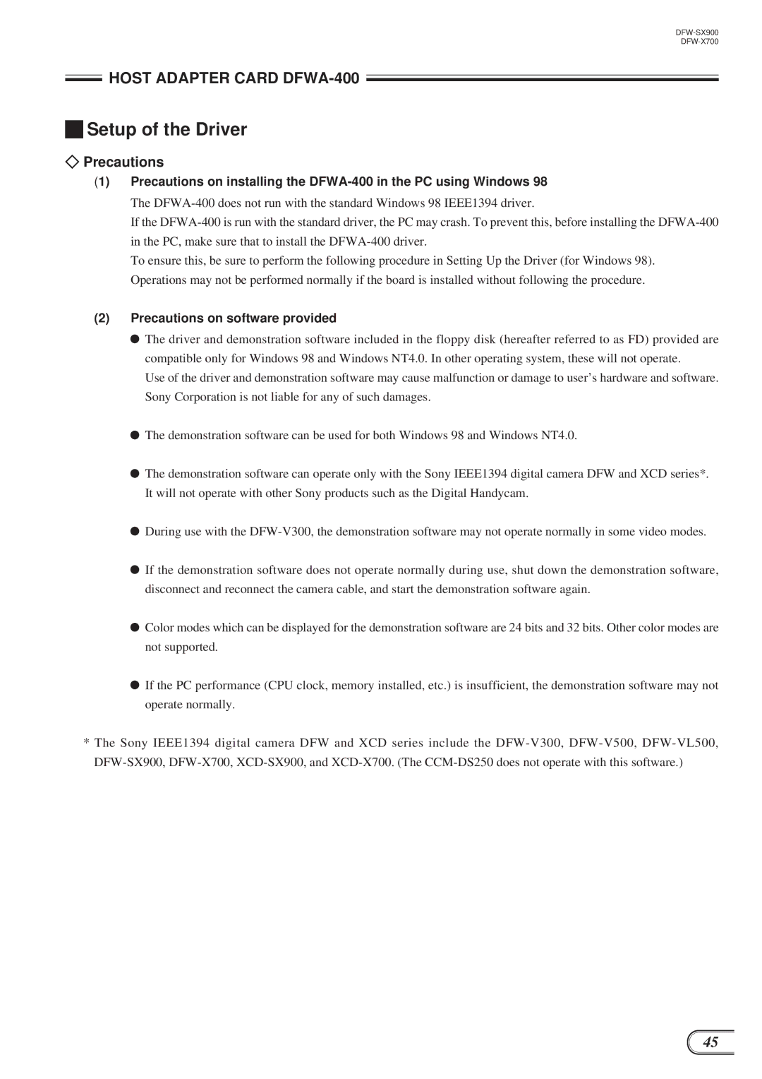 Sony DFW-SX900, DFW-X700 technical manual Setup of the Driver, Precautions on software provided 