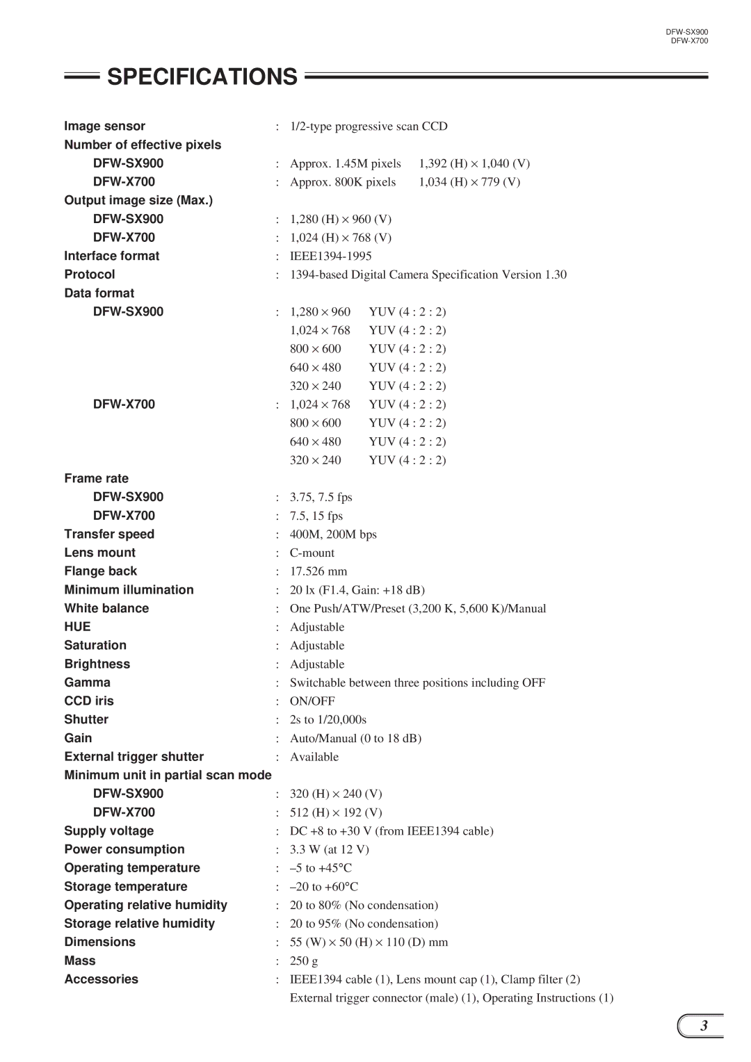 Sony DFW-SX900, DFW-X700 technical manual Specifications 