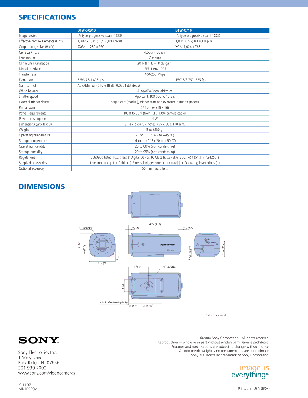 Sony manual Specifications, Dimensions, DFW-SX910 DFW-X710 