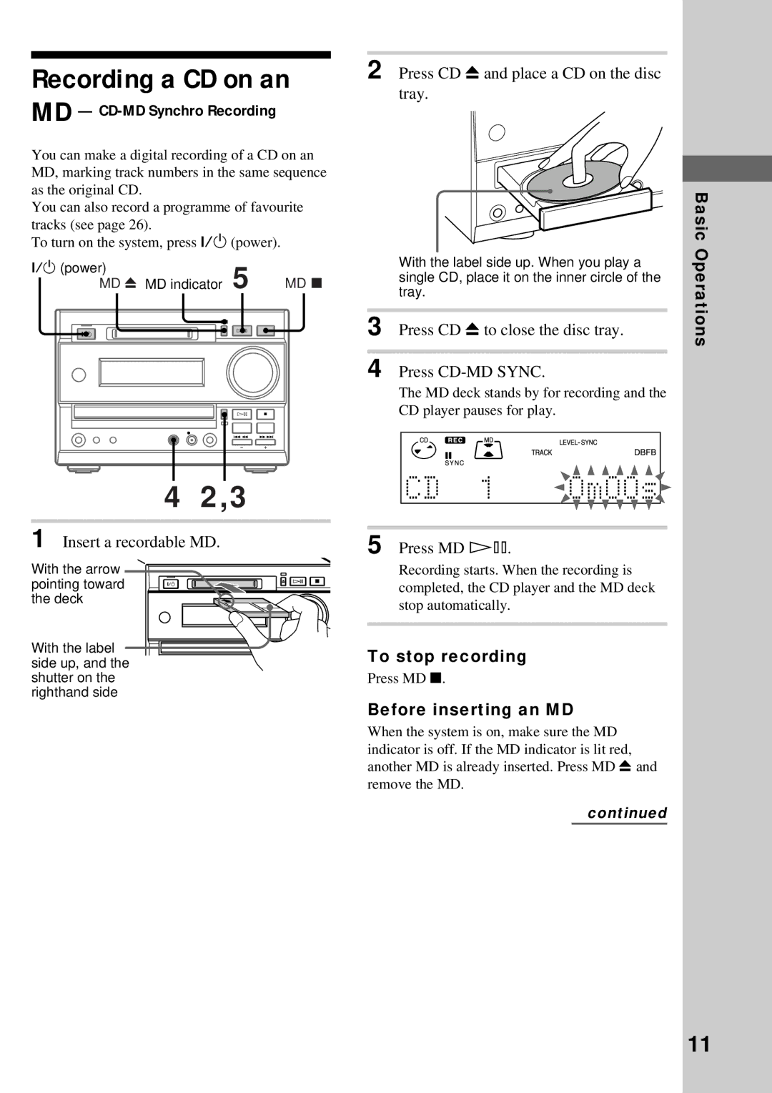 Sony DHC-MD373 manual Recording a CD on an, MD CD-MD Synchro Recording, To stop recording, Before inserting an MD 