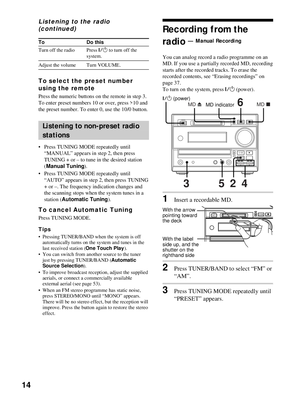 Sony DHC-MD373 manual Recording from, Listening to non-preset radio Stations, Listening to the radio 