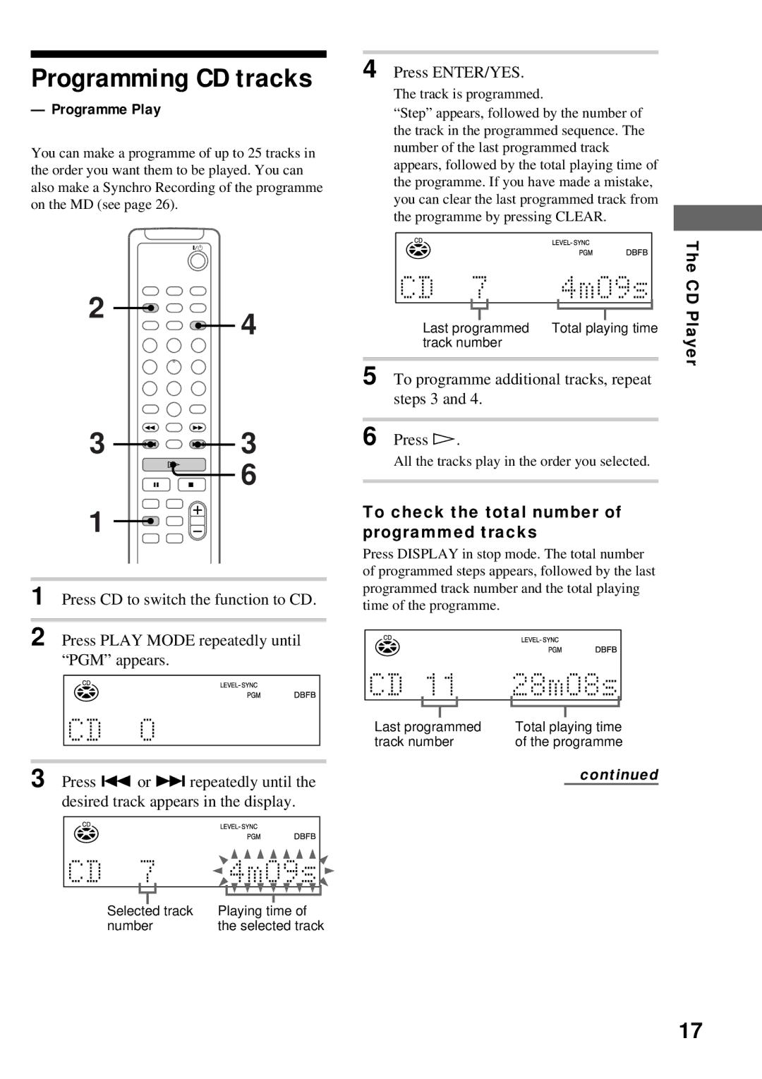 Sony DHC-MD373 manual Programming CD tracks, Programme Play, Press H, To check the total number of programmed tracks 