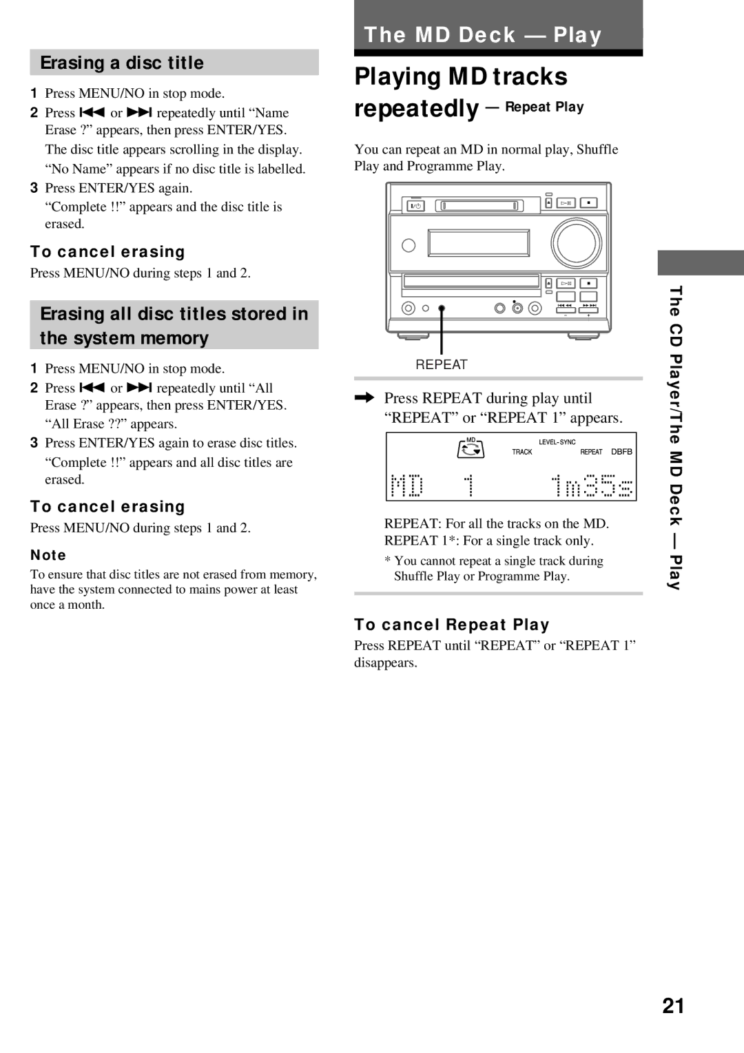 Sony DHC-MD373 Playing MD tracks, Erasing a disc title, Erasing all disc titles stored System memory, To cancel erasing 