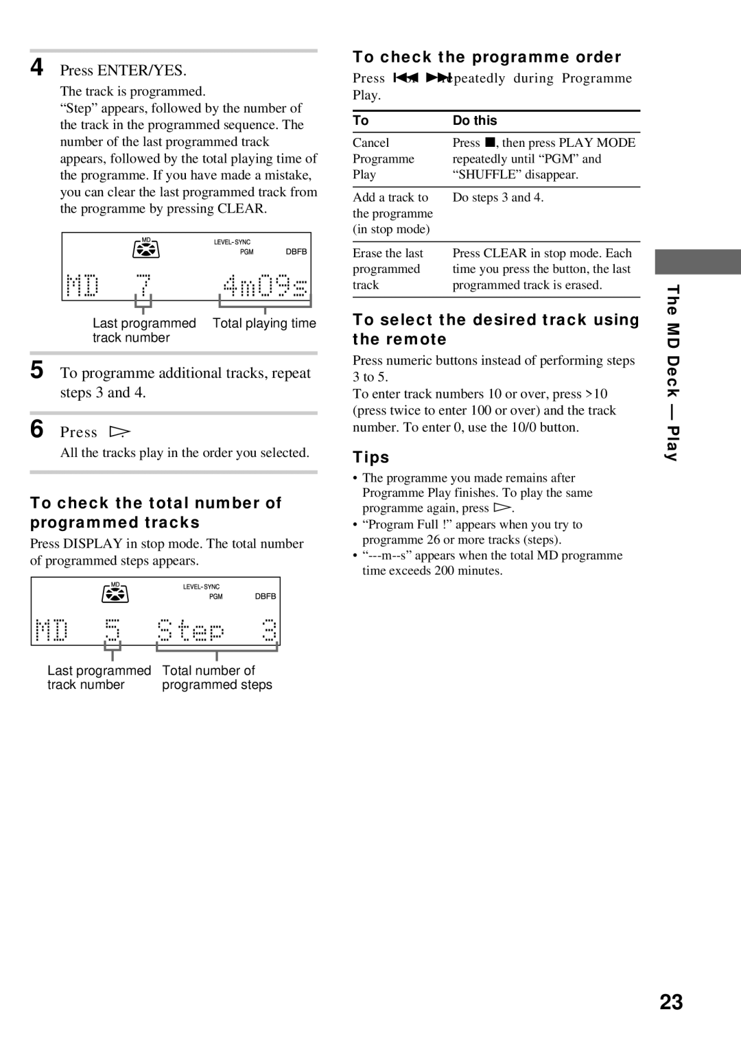 Sony DHC-MD373 manual To programme additional tracks, repeat steps 3 Press H, Tips, MD Deck Play 