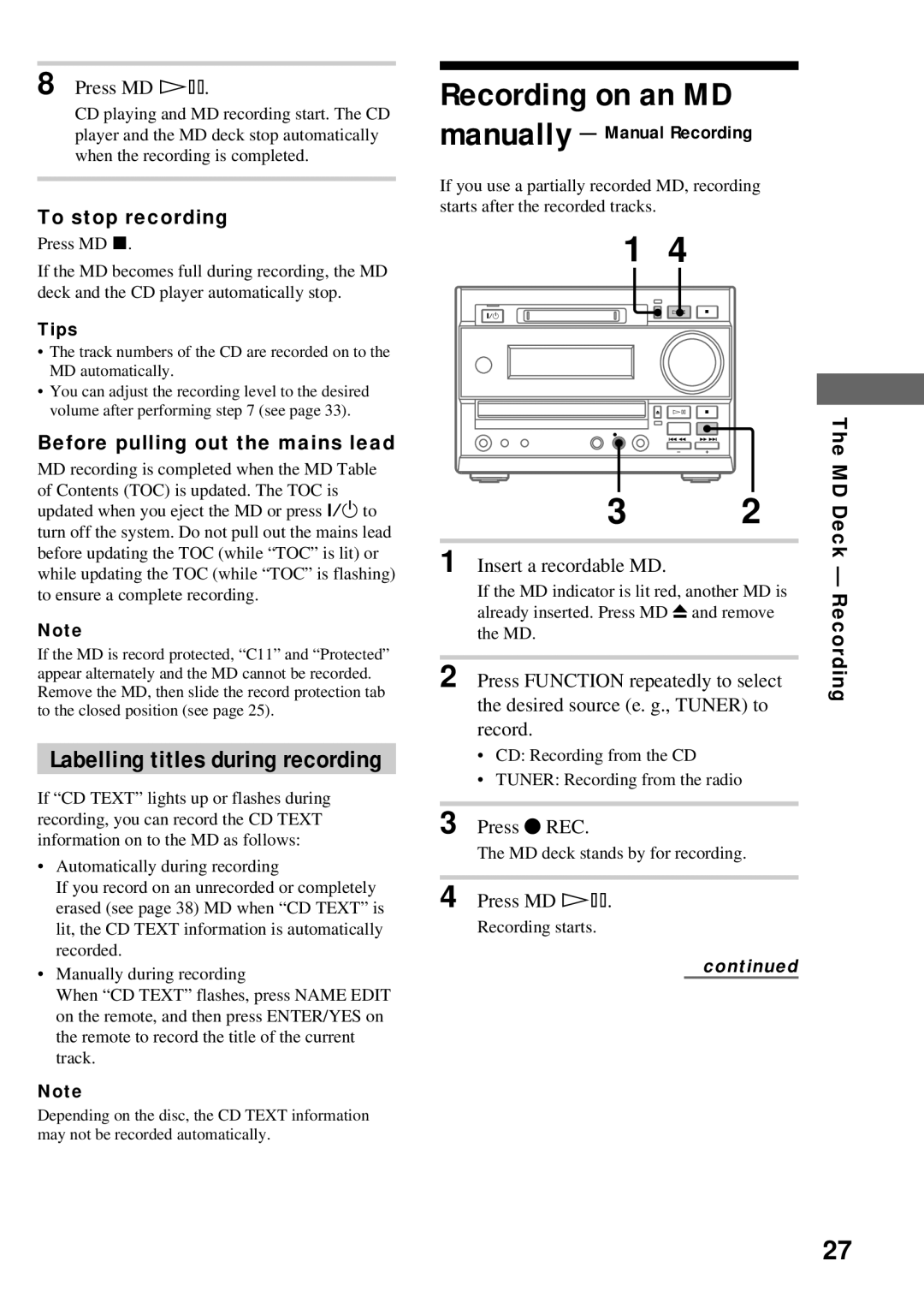 Sony DHC-MD373 manual Recording on an MD, Manually Manual Recording, Press z REC, MD Deck Recording 