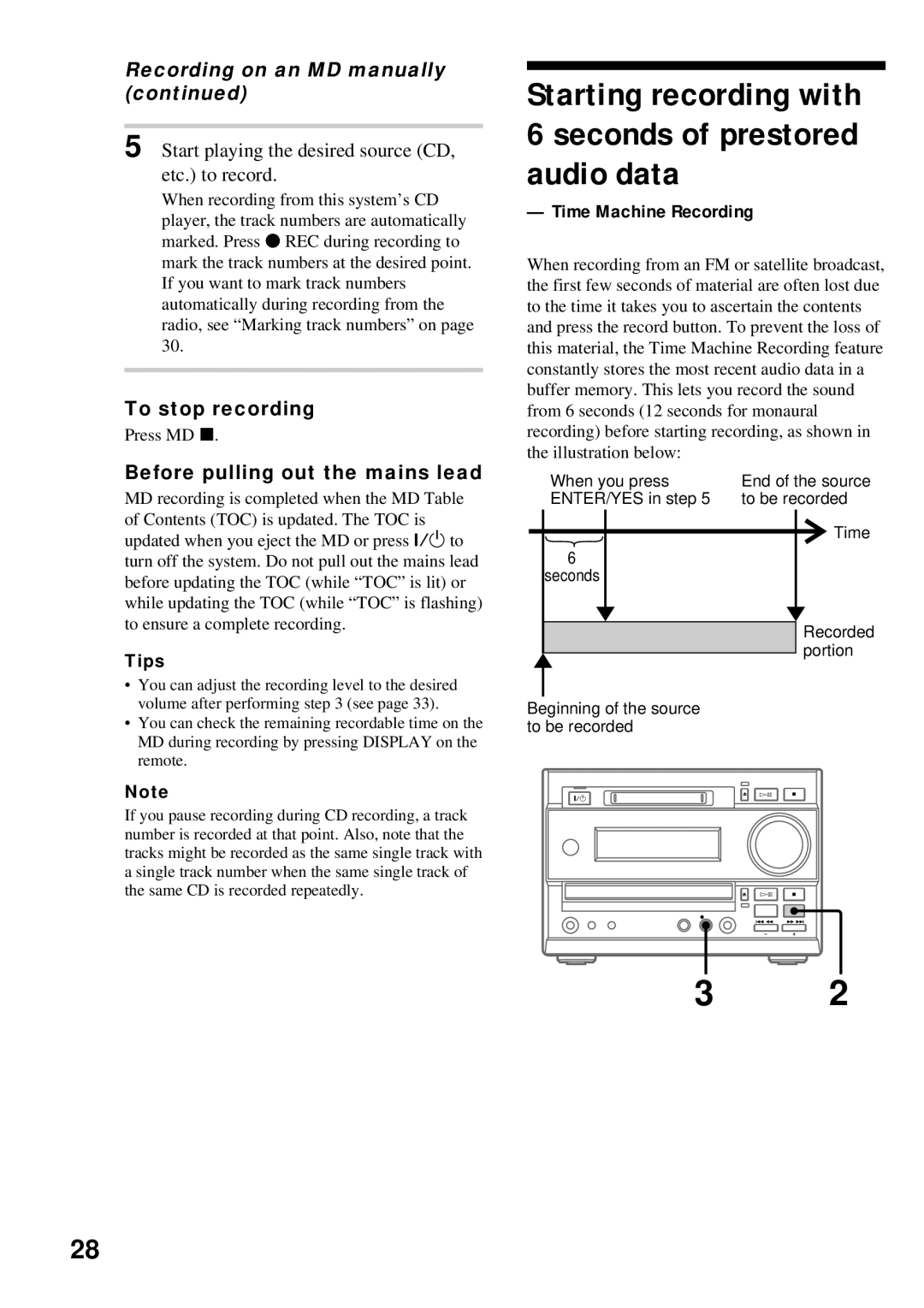 Sony DHC-MD373 Recording on an MD manually, Start playing the desired source CD, etc. to record, Time Machine Recording 