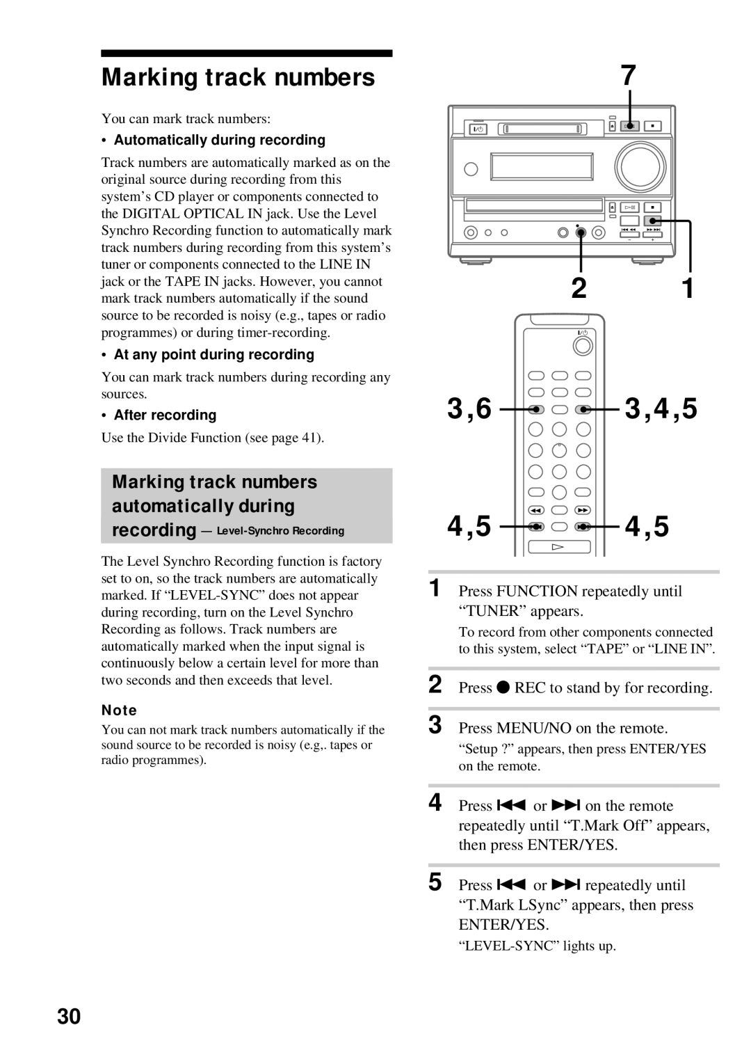 Sony DHC-MD373 manual Marking track numbers, 4,5, Press Function repeatedly until Tuner appears 