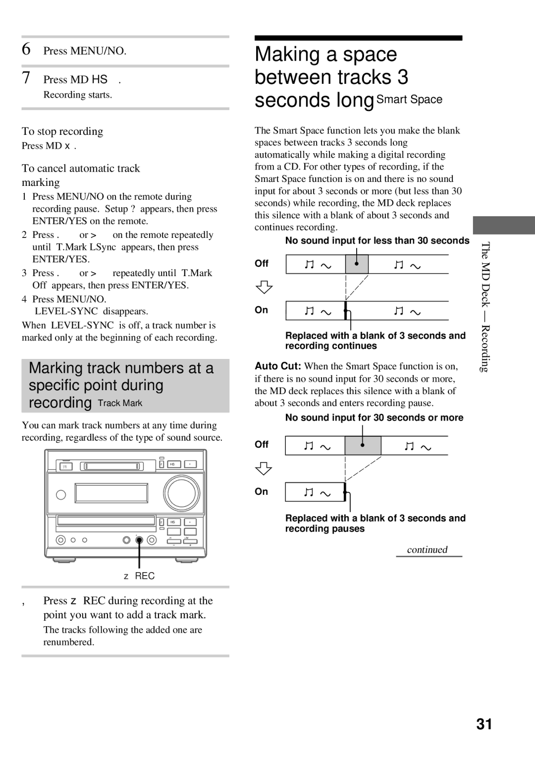 Sony DHC-MD373 Press MENU/NO Press MD HS, To cancel automatic track marking, Tracks following the added one are renumbered 