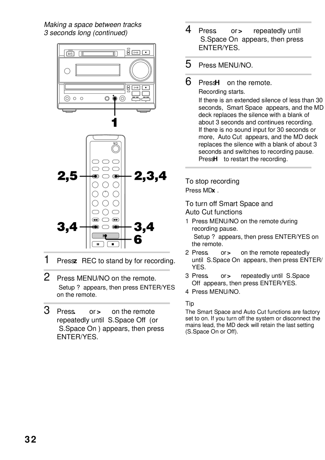 Sony DHC-MD373 manual Making a space between tracks 3 seconds long, To turn off Smart Space and Auto Cut functions 