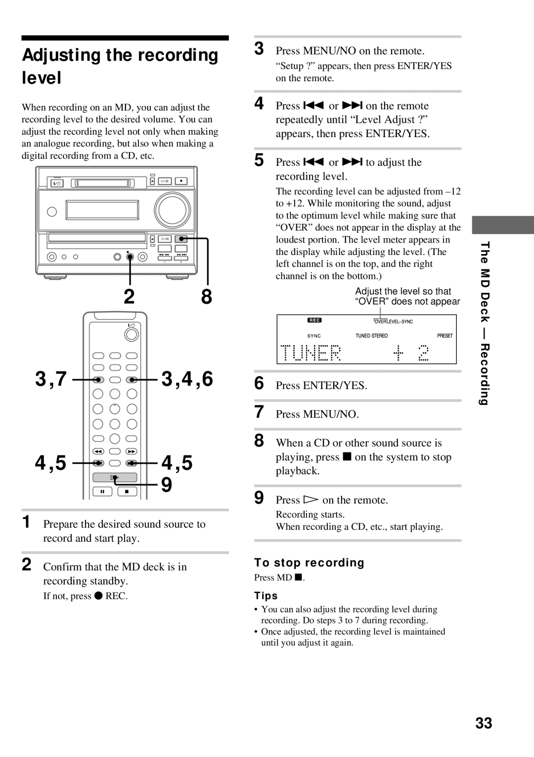 Sony DHC-MD373 manual Adjusting the recording level, 4,6, Recording starts When recording a CD, etc., start playing 