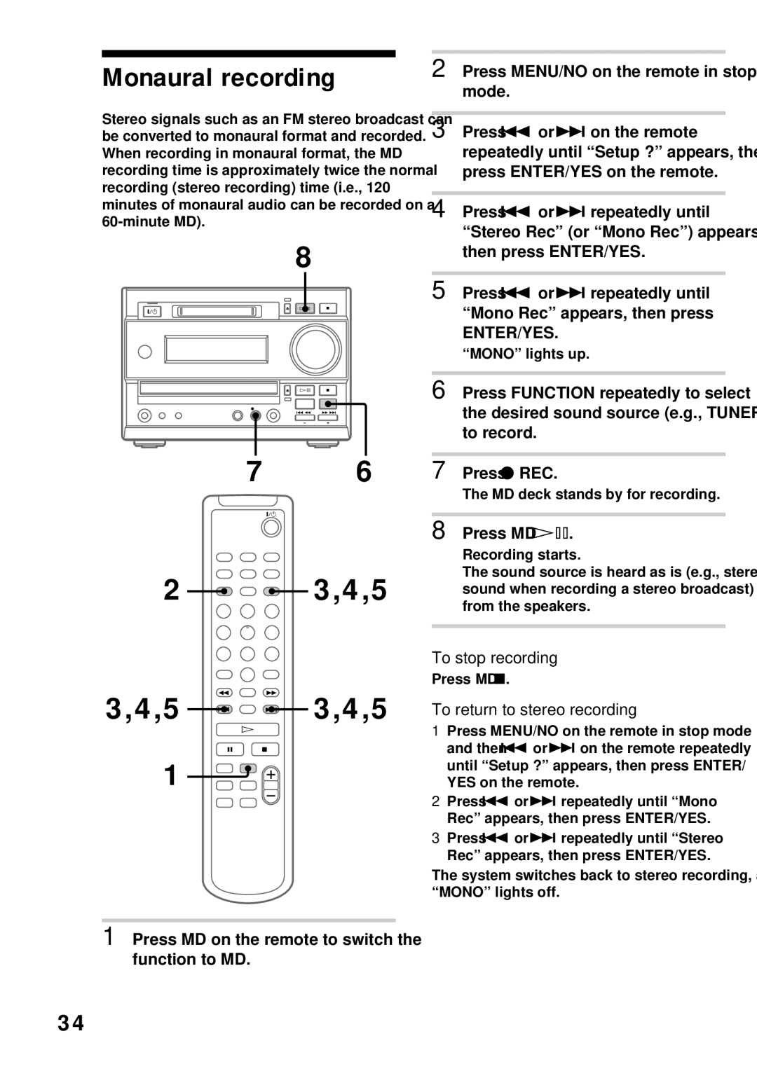 Sony DHC-MD373 manual Monaural recording, 4,5 5 ,4,5, To return to stereo recording, Mono lights up 