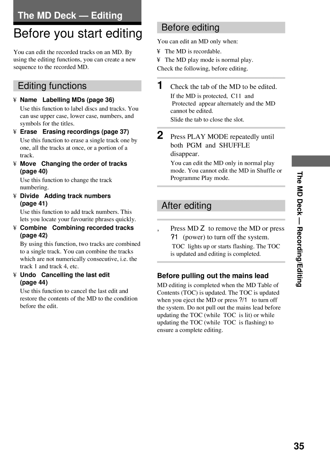 Sony DHC-MD373 manual Before you start editing, Editing functions, Before editing, After editing, MD Deck Recording/Editing 