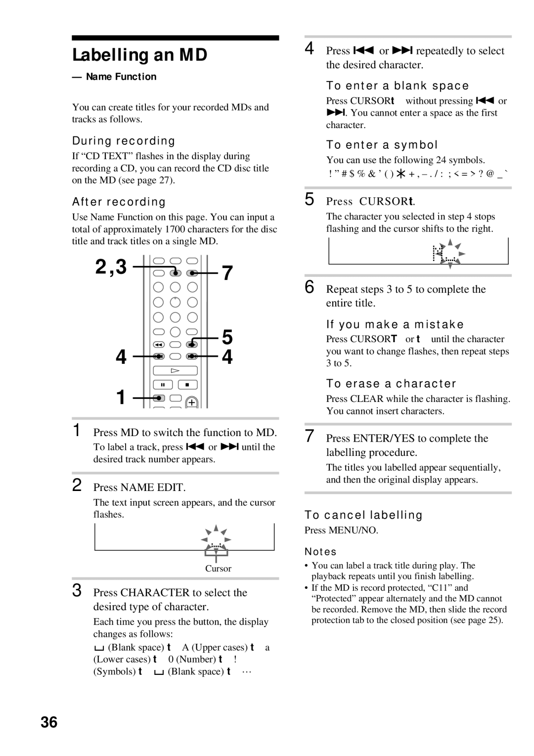 Sony DHC-MD373 manual Labelling an MD, Name Function, During recording, After recording, To enter a blank space 