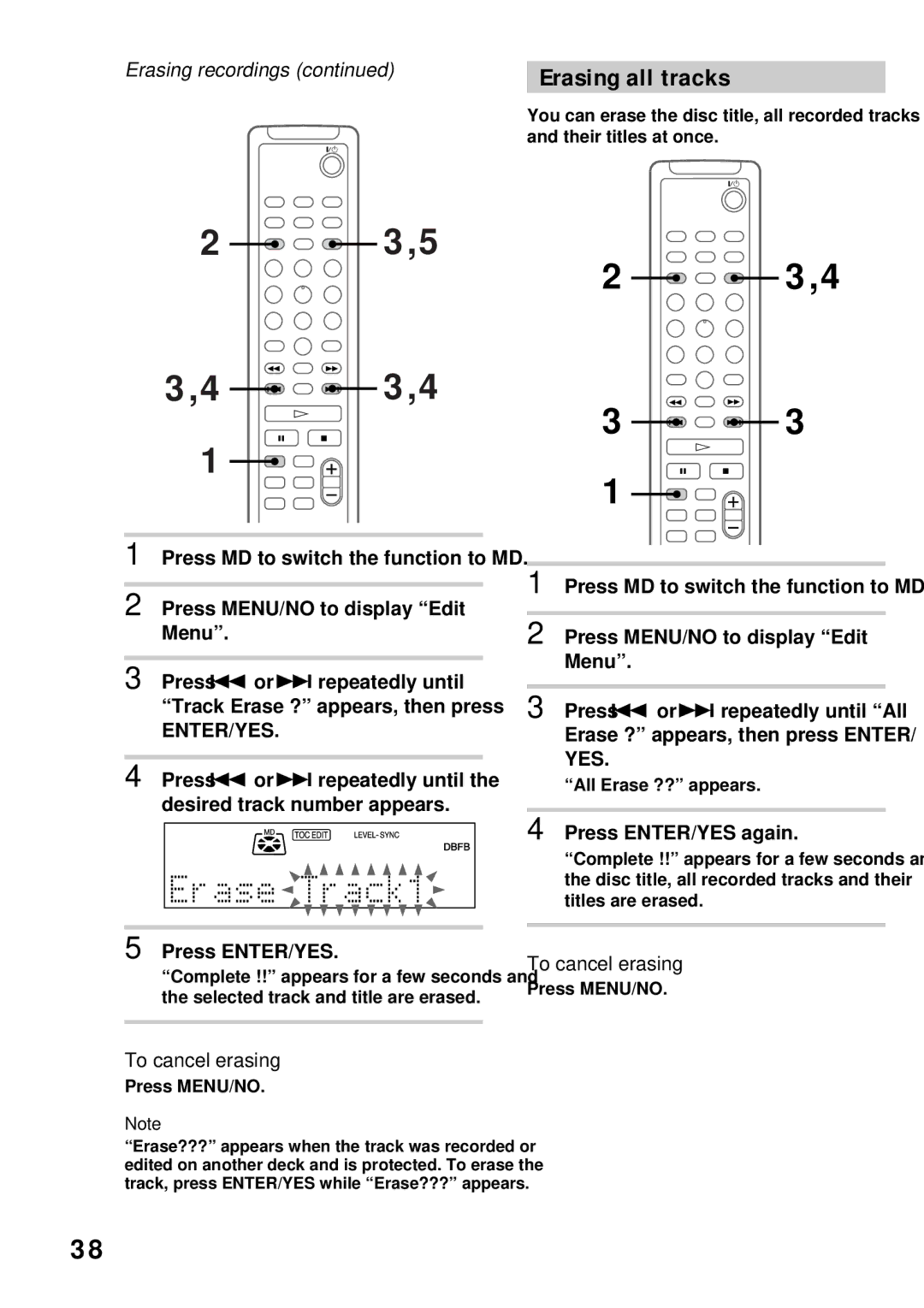 Sony DHC-MD373 manual Erasing all tracks, Erasing recordings, Press ENTER/YES again, All Erase ?? appears 