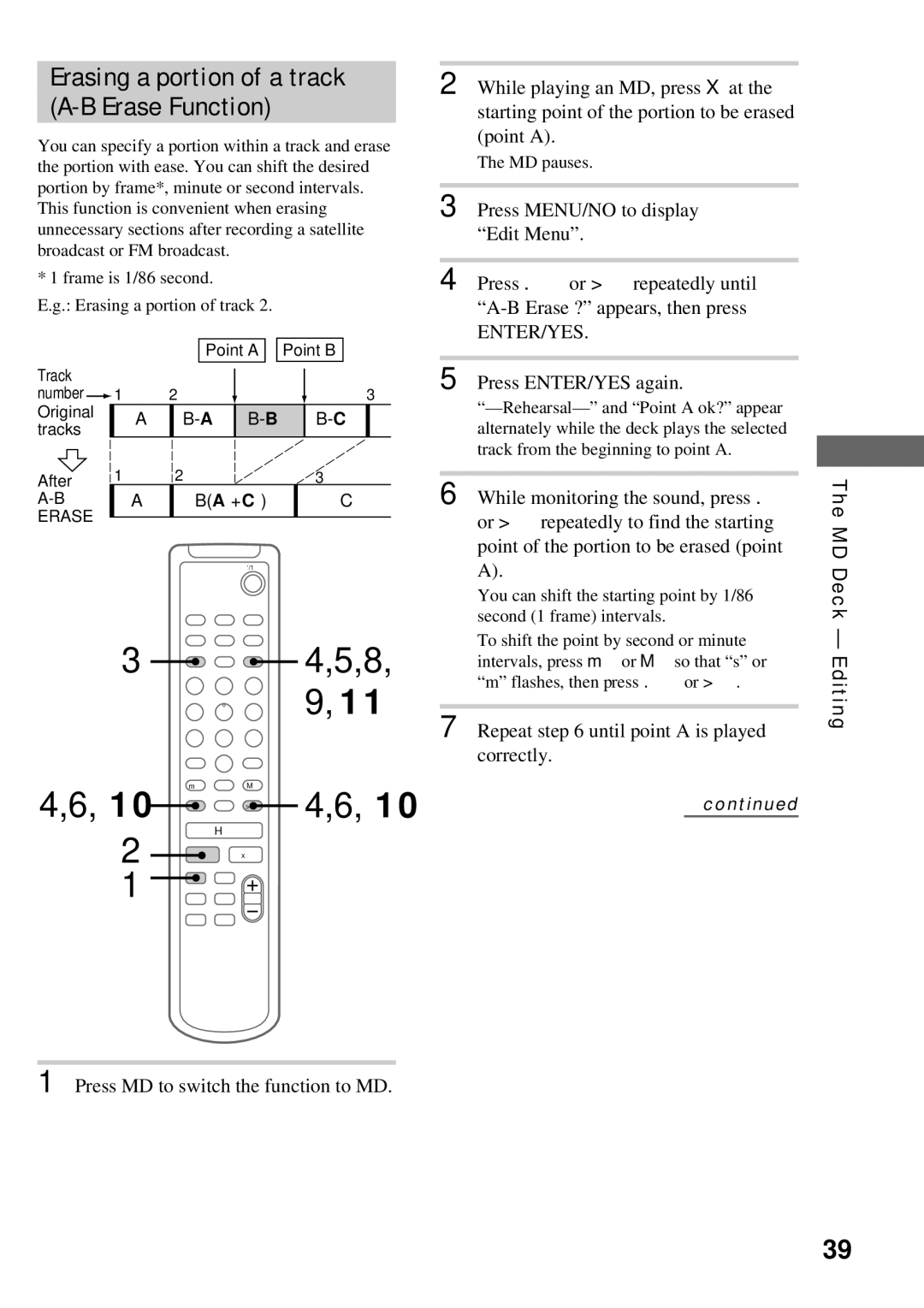 Sony DHC-MD373 5,8, 9,11, Erasing a portion of a track Erase Function, Repeat until point a is played correctly, MD pauses 