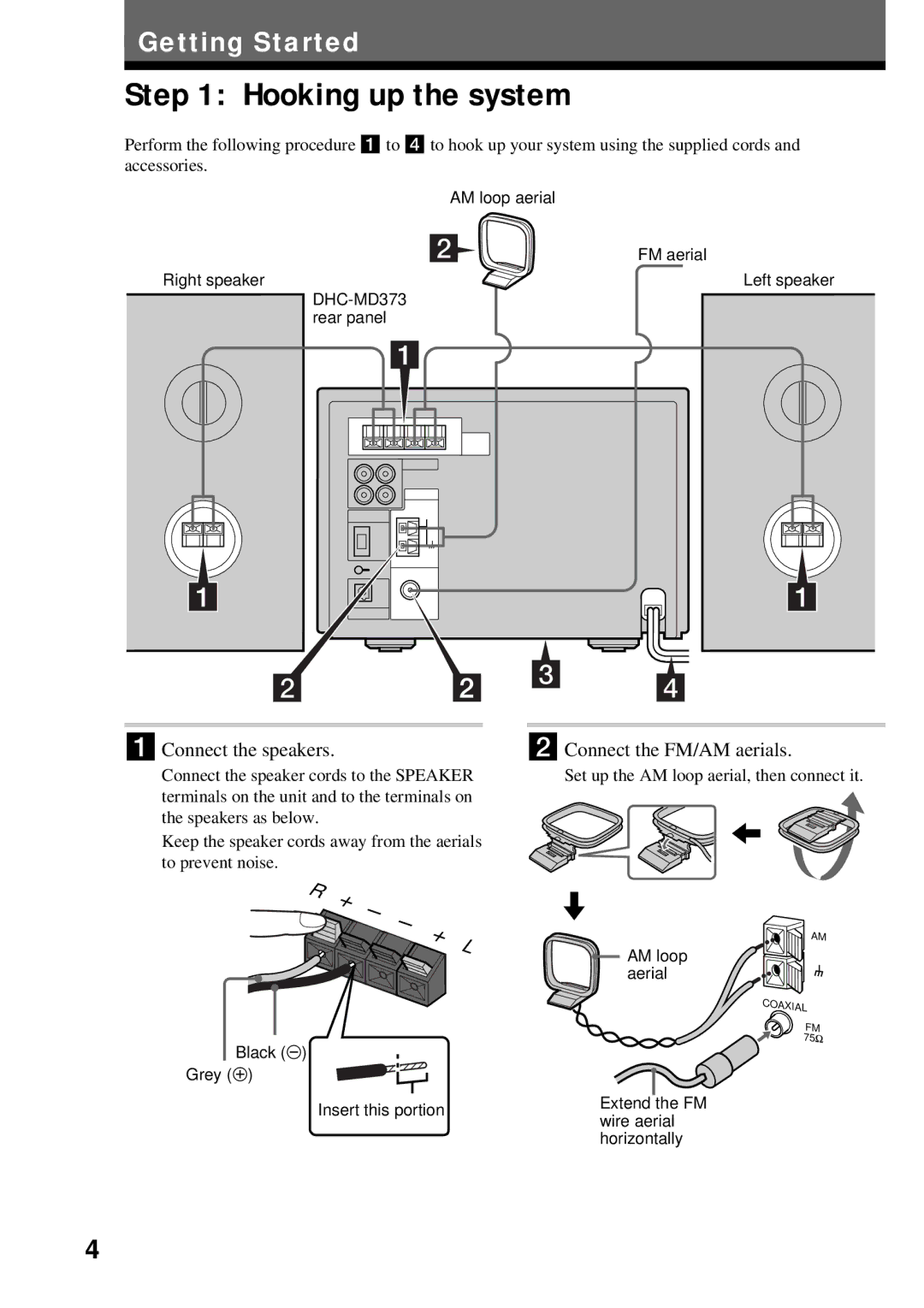 Sony DHC-MD373 manual Hooking up the system, Connect the speakers, Connect the FM/AM aerials 