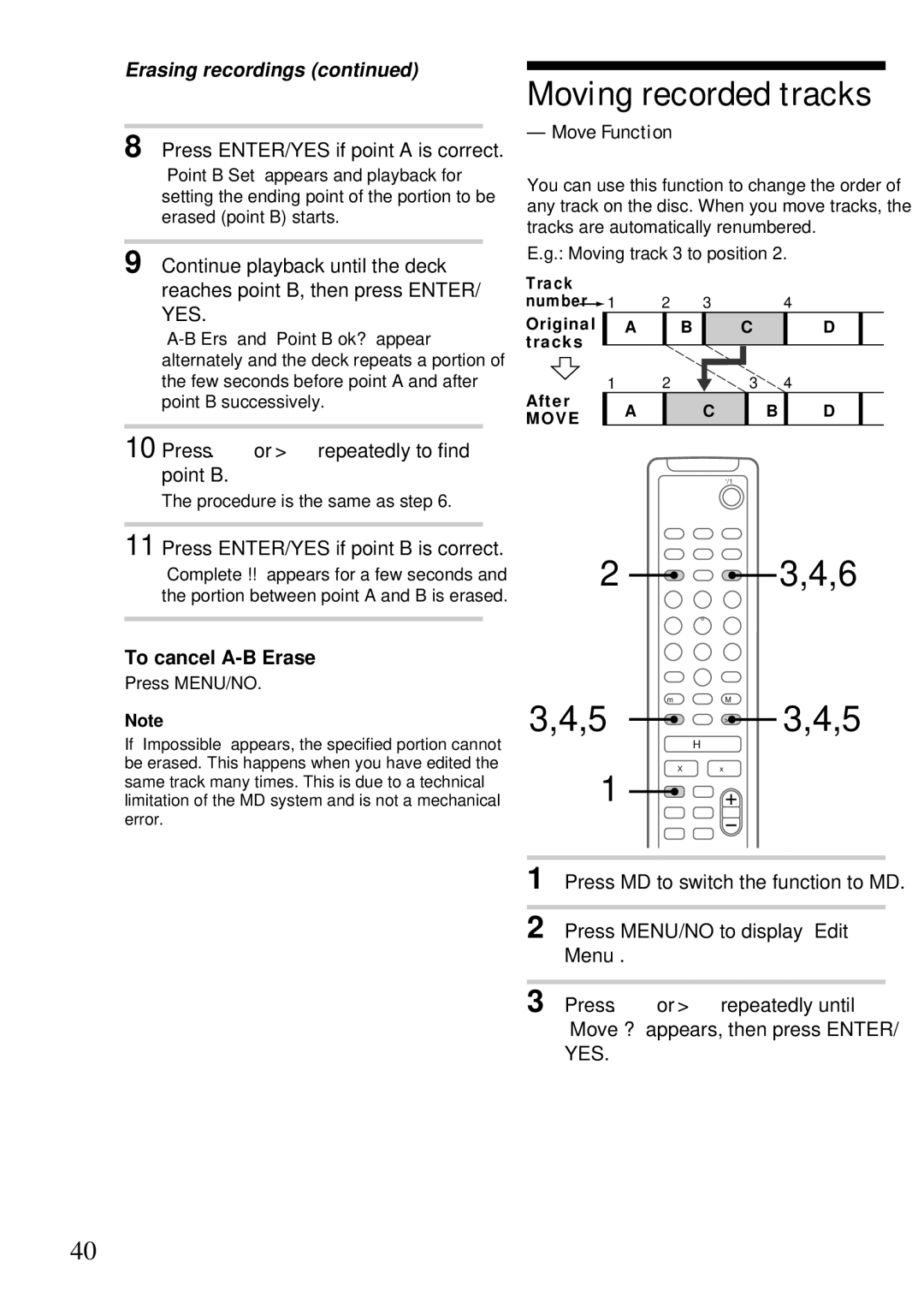 Sony DHC-MD373 manual Moving recorded tracks, To cancel A-B Erase, Move Function 