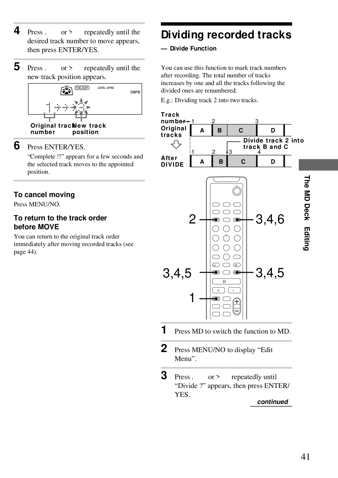 Sony DHC-MD373 manual To cancel moving, To return to the track order before Move, Divide Function 