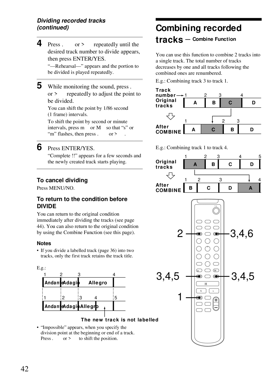 Sony DHC-MD373 manual Combining recorded, 4,6 5 ,4,5, Dividing recorded tracks 