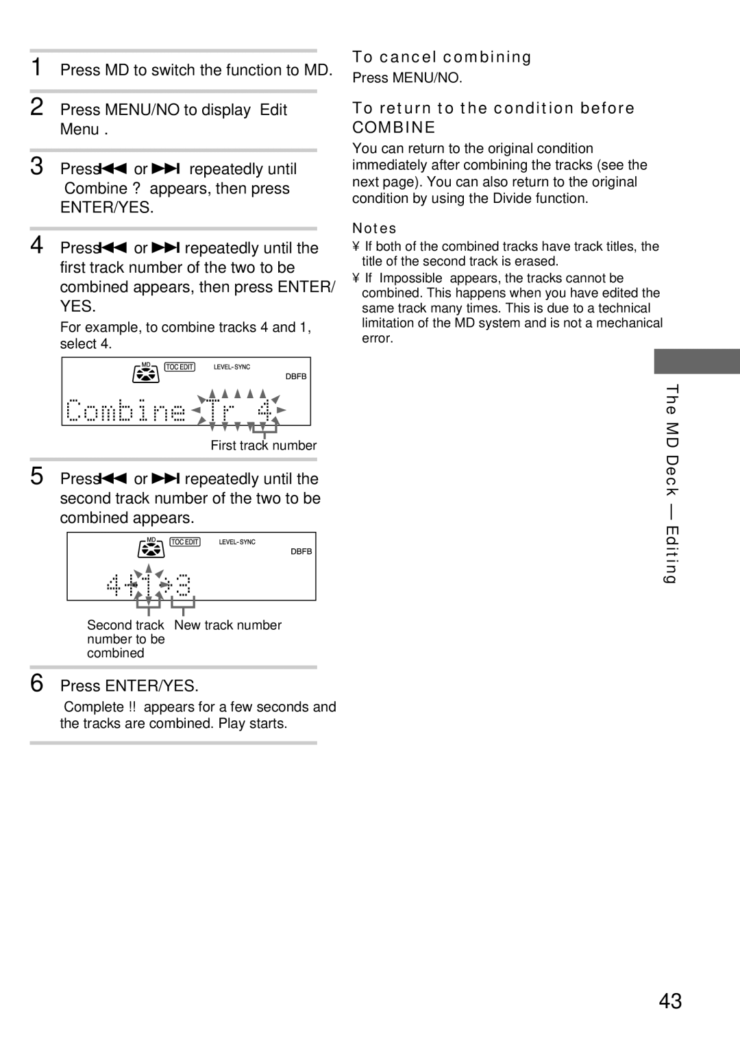 Sony DHC-MD373 manual To cancel combining, For example, to combine tracks 4 and 1, select 