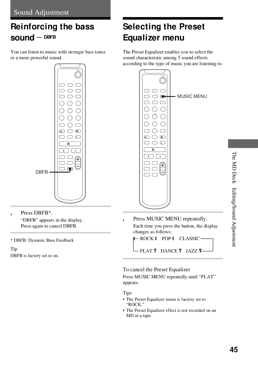 Sony DHC-MD373 Reinforcing the bass sound Dbfb, Press Dbfb, Press Music Menu repeatedly, To cancel the Preset Equalizer 