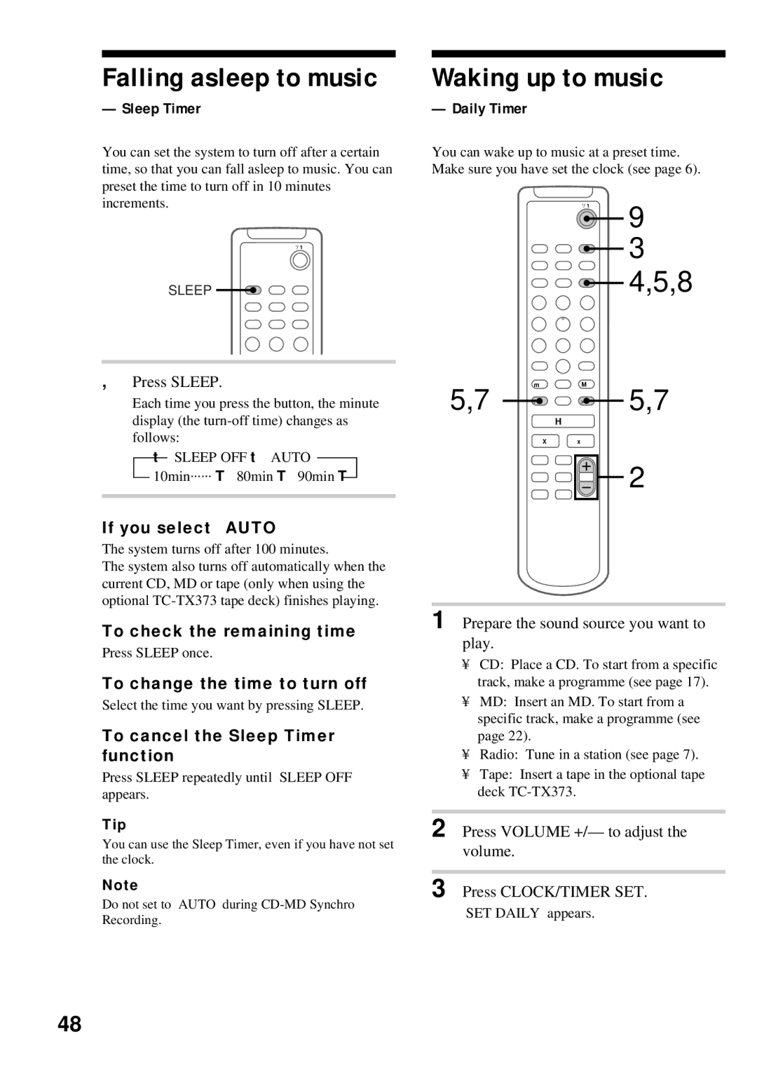 Sony DHC-MD373 manual Falling asleep to music, Waking up to music, 5,8 