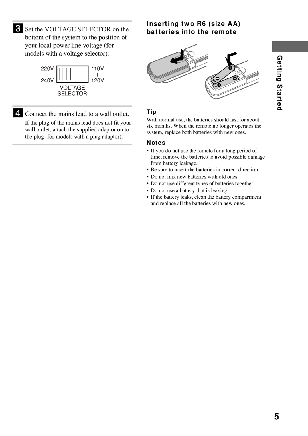 Sony DHC-MD373 manual Connect the mains lead to a wall outlet, Inserting two R6 size AA batteries into the remote, Tip 