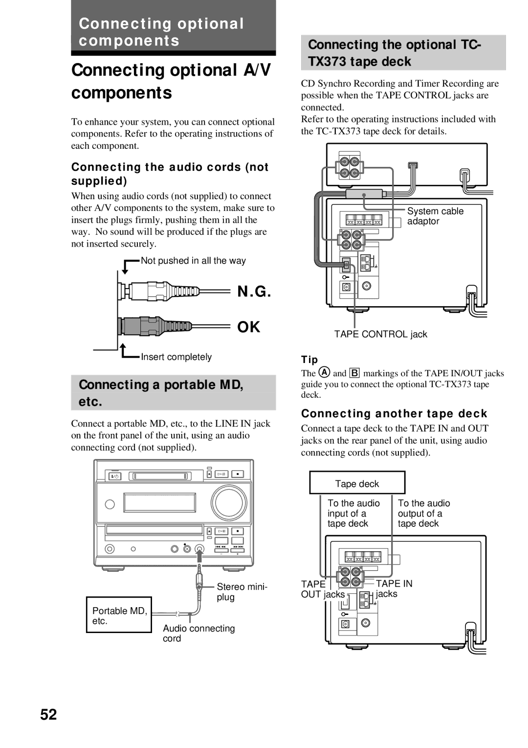 Sony DHC-MD373 Connecting optional A/V components, Connecting a portable MD Etc, Connecting the audio cords not supplied 