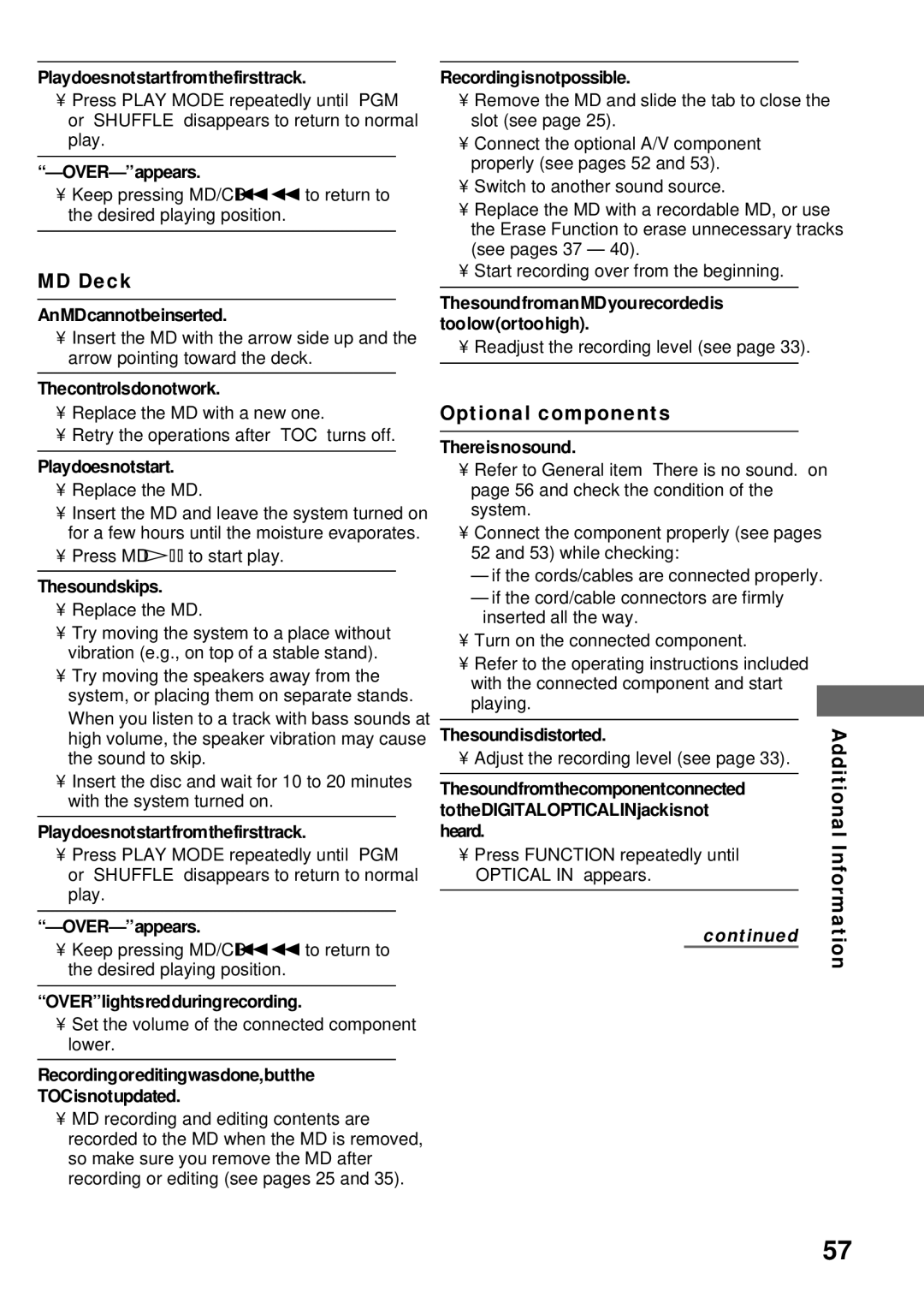 Sony DHC-MD373 manual MD Deck, Optional components 